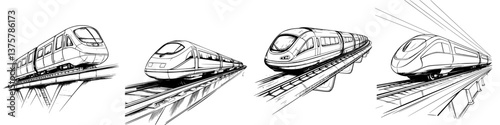 Different types of trains showcasing modern transportation designs in a dynamic and futuristic style