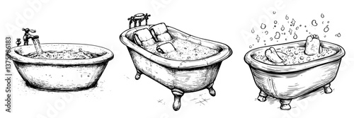 Sketch of various bathtubs showcasing different styles and water levels in a bathroom setting