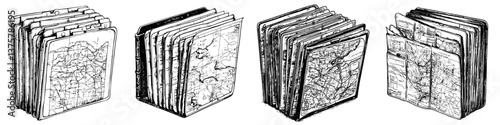 Vintage map collection displayed in a rustic setting showcasing various regions and landscapes from different time periods