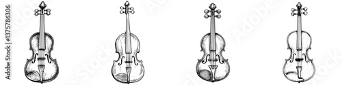 Collection of sketched violins displaying various designs and perspectives in a minimalist style