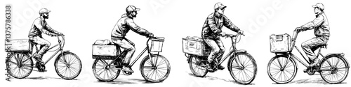Delivery workers riding bicycles through a city delivering packages during the day