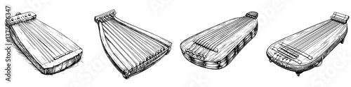 Traditional string instruments displayed on a white background highlighting their unique shapes, textures, and craftsmanship