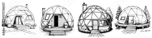 Geodesic domes showcasing unique architectural styles and features in a tranquil outdoor setting