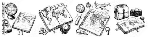 Travel planning setup features maps, notebooks, and travel essentials arranged for a journey