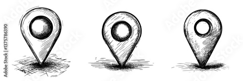 Creative sketches of location markers displayed in a minimalistic style, showcasing different designs and shading techniques in a cohesive manner