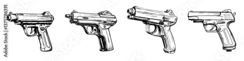 Different styles of handguns displayed in a row highlighting variations in design and function