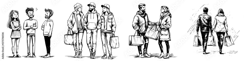 Group of friends shopping and socializing on a busy weekend around a city market in a lively atmosphere Group of friends shopping and socializing on a busy weekend around a city market in a lively atmosphere