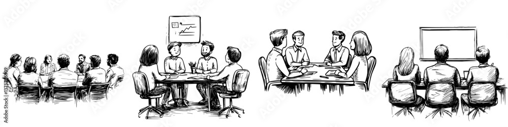 Group of professionals engaged in business meetings and presentations in a modern office setting Group of professionals engaged in business meetings and presentations in a modern office setting