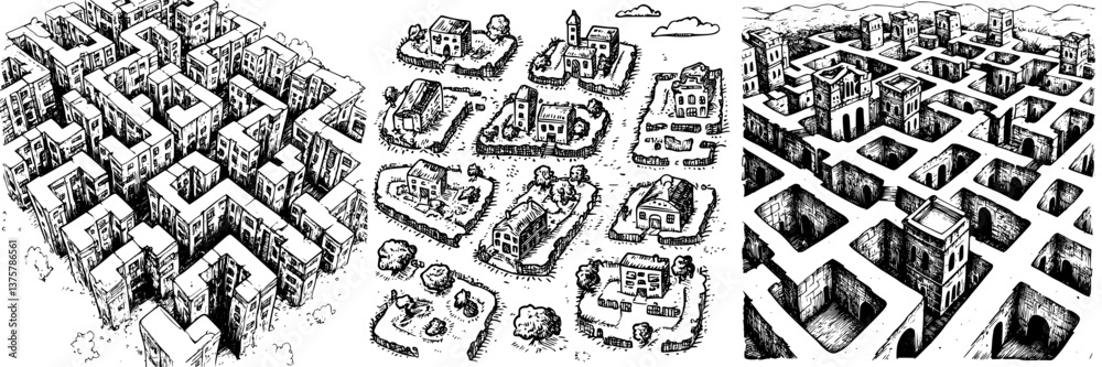 Obraz premium Urban layout design concepts showcasing intricate patterns and structures in various environments