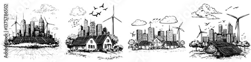 Urban sustainability illustrated with wind turbines and solar panels amid modern architecture and green spaces