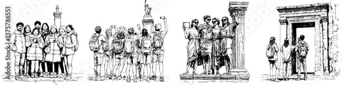 Tourists exploring historic landmarks while admiring sculptures and monuments in a vibrant public square in an urban setting