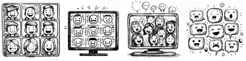 Illustration of diverse facial expressions showcased on devices during a virtual event in an online setting