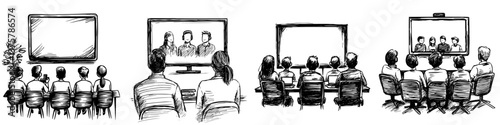 Group meeting takes place over video conference technology during a corporate training session in a modern office setting