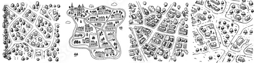 Detailed map outlines showing different urban layouts and road patterns in a variety of neighborhoods across a fictional town