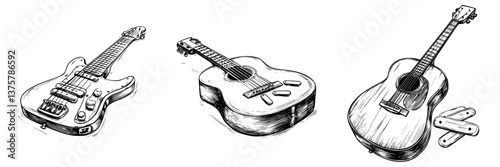 Different types of guitars displayed on a white background for musical illustration and design purposes