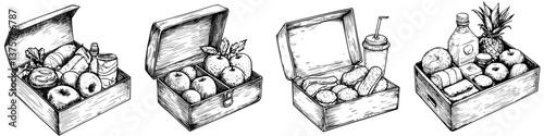 Delicious variety of lunch boxes filled with fruits, snacks, and beverages on a wooden surface