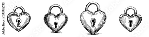 Four stylized heart-shaped locks with keyholes showcasing themes of love and security in a simplistic design