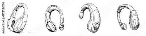 Different styles of headphones sketched to showcase variations in design and functionality for audio listening devices