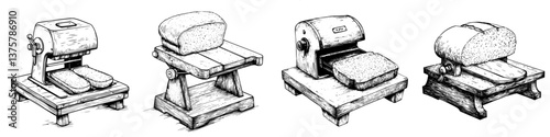 Historic bread slicing machines displayed in a bakery workshop, showcasing the evolution of bread preparation tools over the years