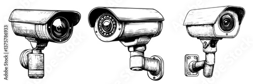 Three security cameras mounted on walls in a minimalist design, showcasing different angles and styles for surveillance