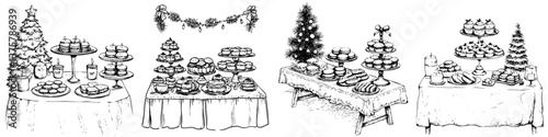 Festive dessert display with multiple tiers of treats and holiday decorations in a cozy setting