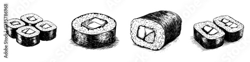 Creative sushi illustrations showcasing different varieties with unique fillings on a plain background