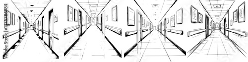 Vivid hallway illustration showing a long corridor with doors and signs in a healthcare facility at daytime