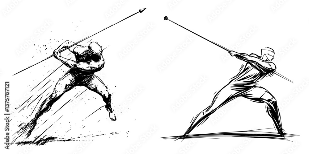 Naklejka premium Athletes demonstrating javelin throwing technique during a competition at a local sports field in early morning sunlight