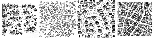 Detailed urban layouts showing residential and commercial areas in various configurations and landscapes across different times of day