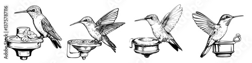Hummingbirds perched on feeders displaying various poses in a natural setting