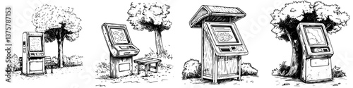 Overview of interactive kiosks situated in a park environment surrounded by trees providing various information