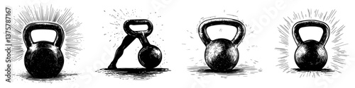 Fitness enthusiasts perform kettlebell exercises for strength training and conditioning in a gym setting during morning hours