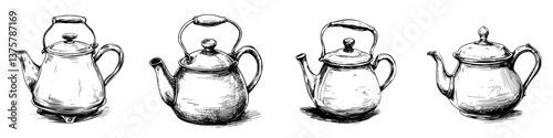 Collection of vintage teapots displayed in a minimalistic design to highlight their elegant shapes and intricate details in a monochrome style
