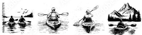 Kayakers exploring a serene lake surrounded by mountains on a sunny day