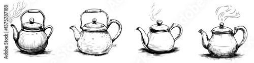 Vintage teapots with steam, showcasing various styles and designs for tea enthusiasts and collectors in a cozy kitchen setting