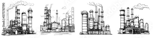 Industrial refinery complex showcasing multiple structures and smokestacks under cloudy sky