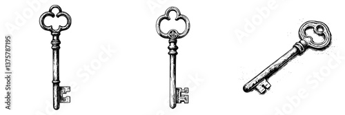 Vintage keys displayed in a row showcasing intricate designs and craftsmanship under soft lighting