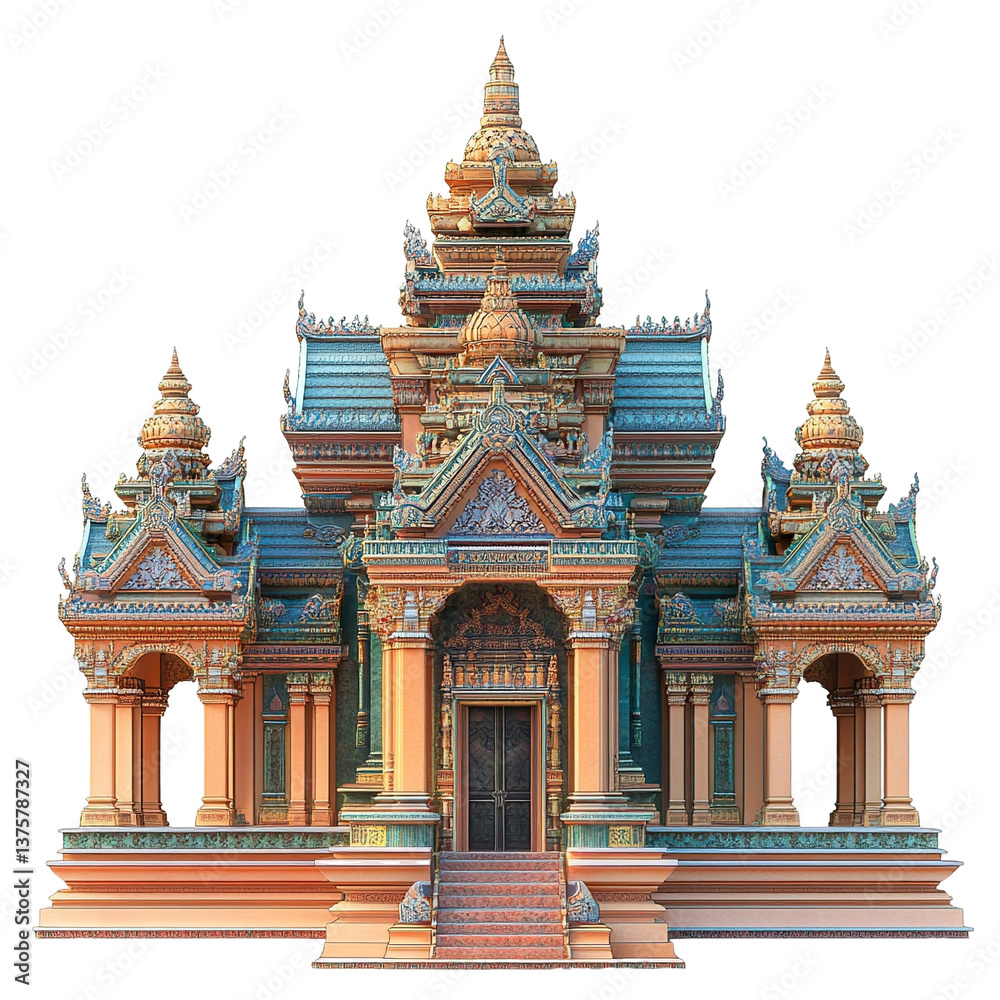 Obraz premium 3d front view illustration of a Wat Samaki Cambodia monument isolated on a white transparent background