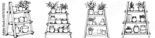 Decorative wooden shelves filled with potted plants and jars in a cozy indoor space during daylight