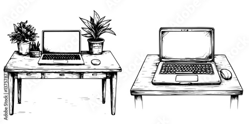Workspace with laptop and plants designed for productivity in a home office setting