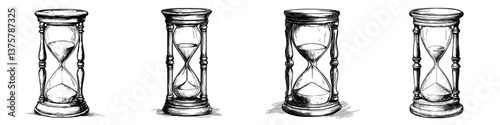 Collection of four vintage hourglasses showing time passing in a creative and artistic format
