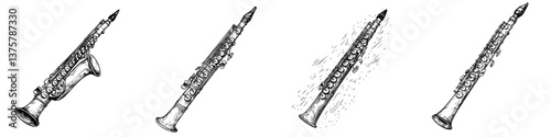 Different styles of the oboe displayed in a vintage illustration showcasing the instrument's design and craftsmanship