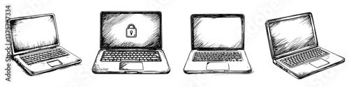 Digital devices showcase varying laptop styles with distinct keyboard designs and security icons in a modern layout