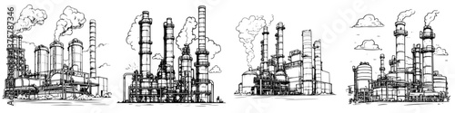 Industrial architecture featuring various types of factories with smokestacks and cooling towers in a black and white sketch style