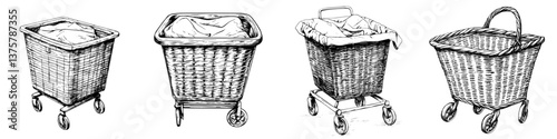 Different styles of shopping carts lined up, showcasing various designs and materials used in their construction