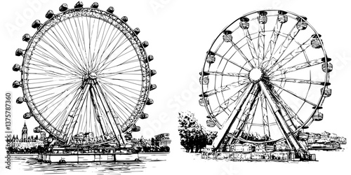 Artistic depiction of vintage ferris wheels by a river in a city landscape during daytime