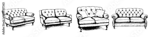 Different styles of vintage sofas displayed on a white background showcasing unique designs and upholstery details