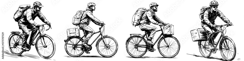 Obraz premium Cyclists navigating the cityscape while carrying various loads during daytime bicycle deliveries