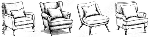 Stylish armchair designs showcasing various features and shapes from modern to vintage aesthetics in cozy settings