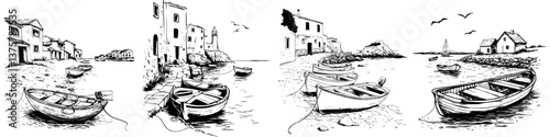 Charming coastal village with boats anchored along a serene bay at sunset